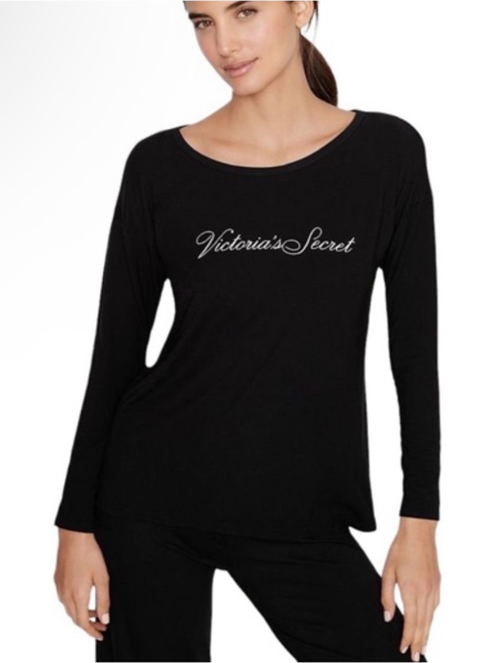 Victoria's Secret Black Long-Sleeve Scoop Front with V-Back Top